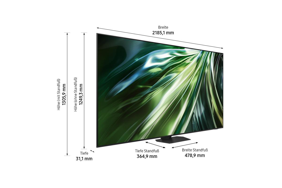 Fernseher von der Seite mit Abmessungen, schwarzem Ständer und grünem Hintergrund.
