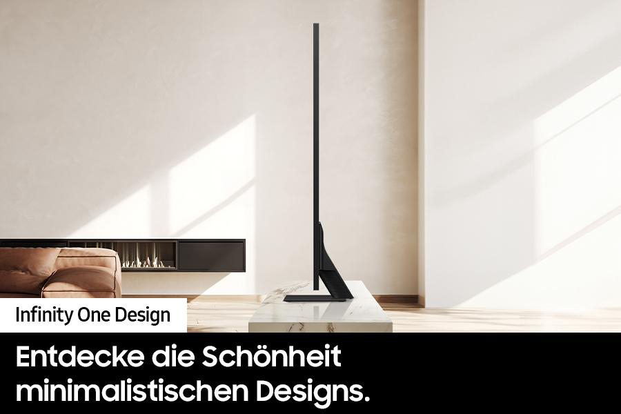 Moderner Fernseher auf Marmorsockel. Text: Infinity One Design. Text: Entdecken Sie minimalistisches Design.