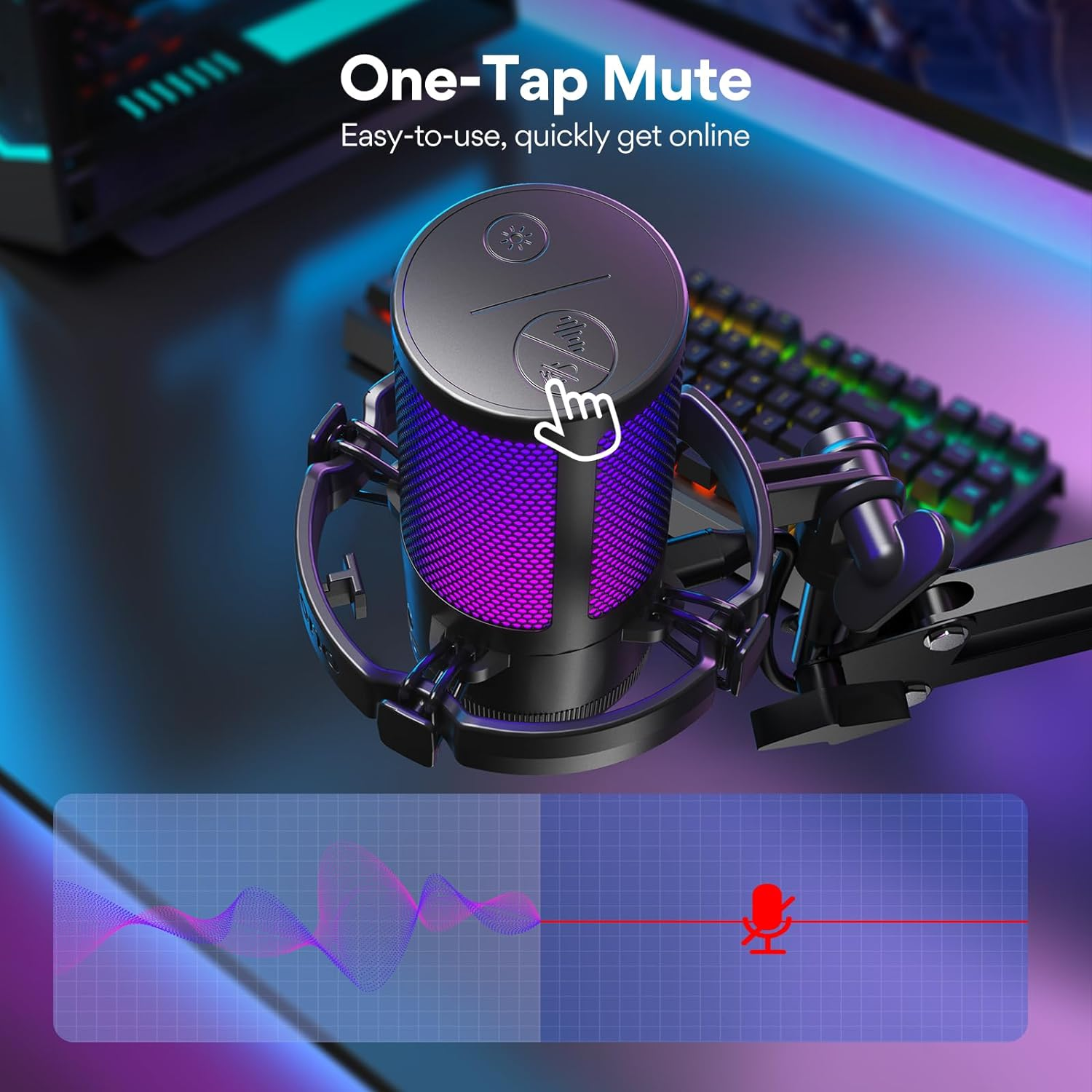 Un microfono nero con un pulsante mute e una base illuminata. Grafico che mostra le onde sonore.