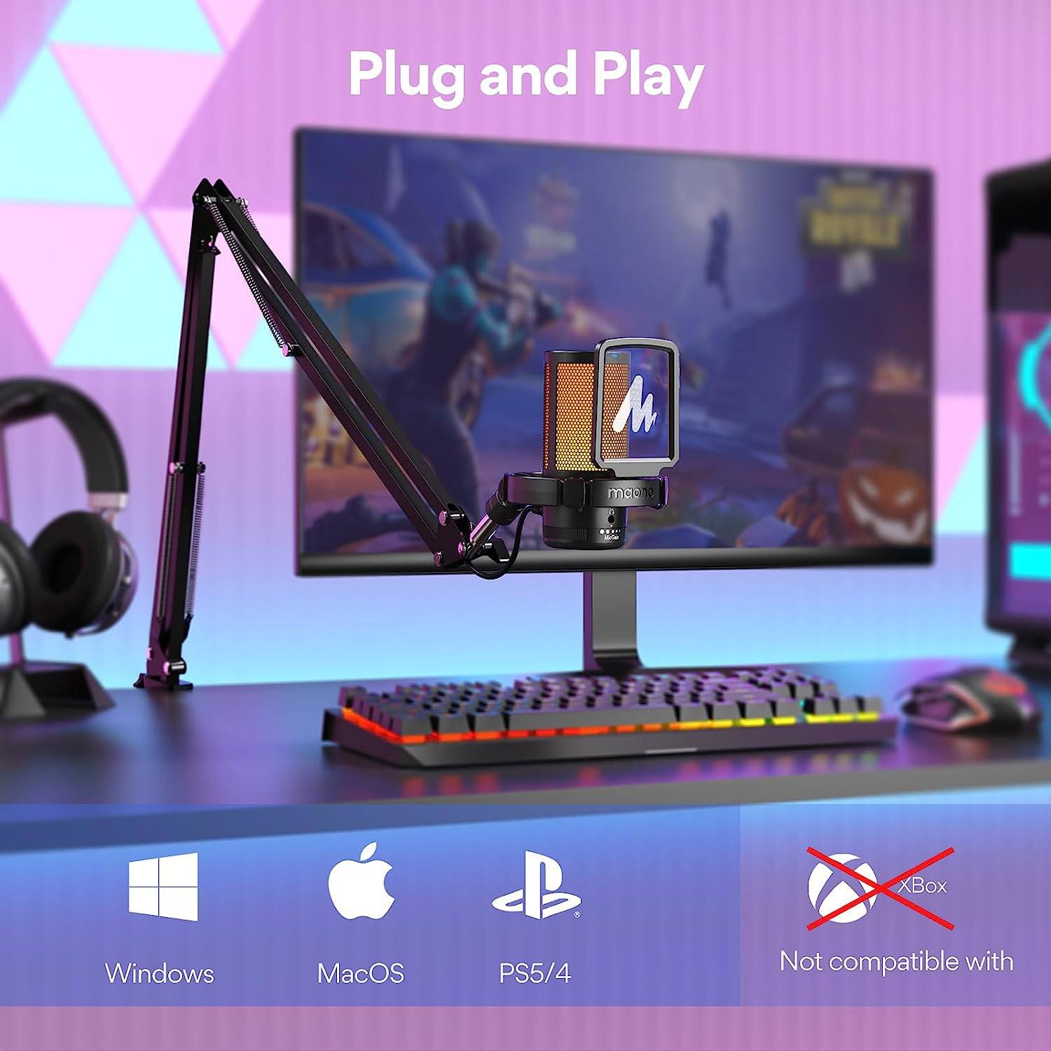 Un setup di registrazione con microfono, luci e monitor, con icone.