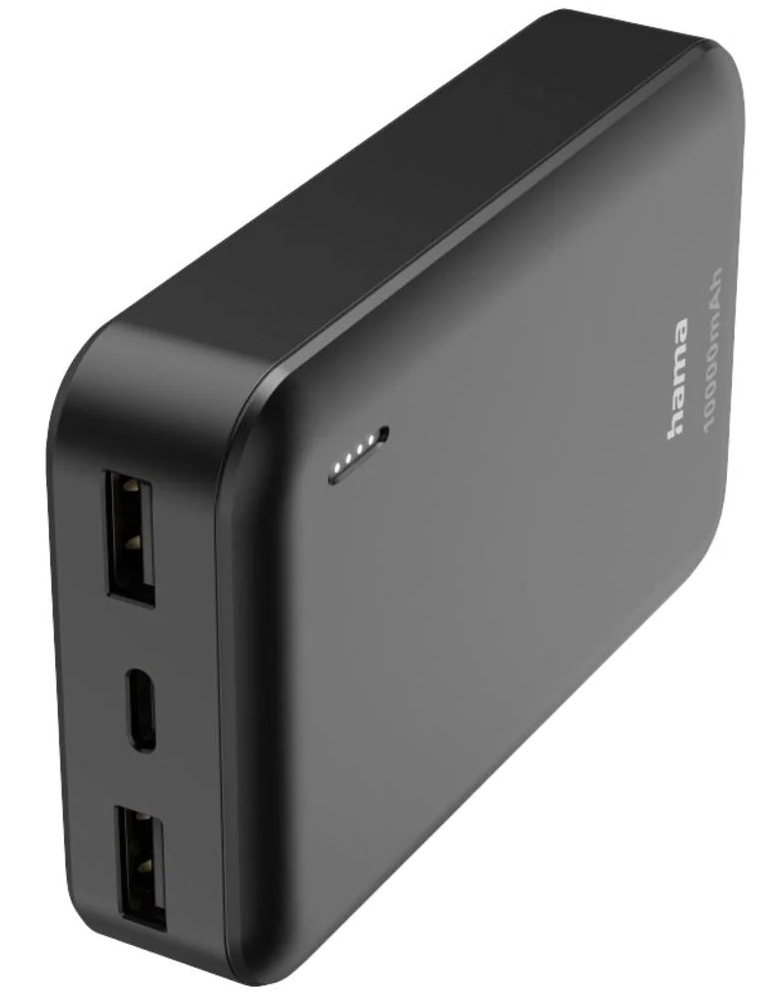 Czarny, prostokątny power bank z dwoma portami USB i portem USB-C.