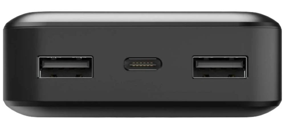 Czarny power bank z dwoma portami USB i jednym portem USB-C. Widok z góry.