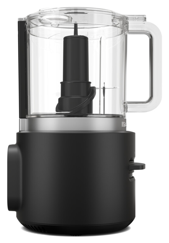 Ein schwarzer Küchenmixer mit einem transparenten Behälter und Griff.