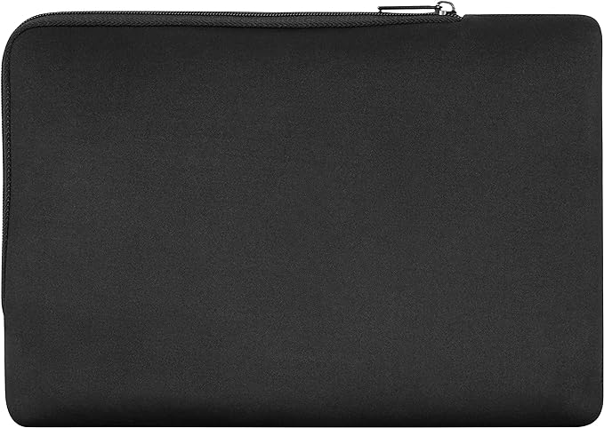 Funda negra para portátil con cierre de cremallera. Superficie lisa, forma rectangular.