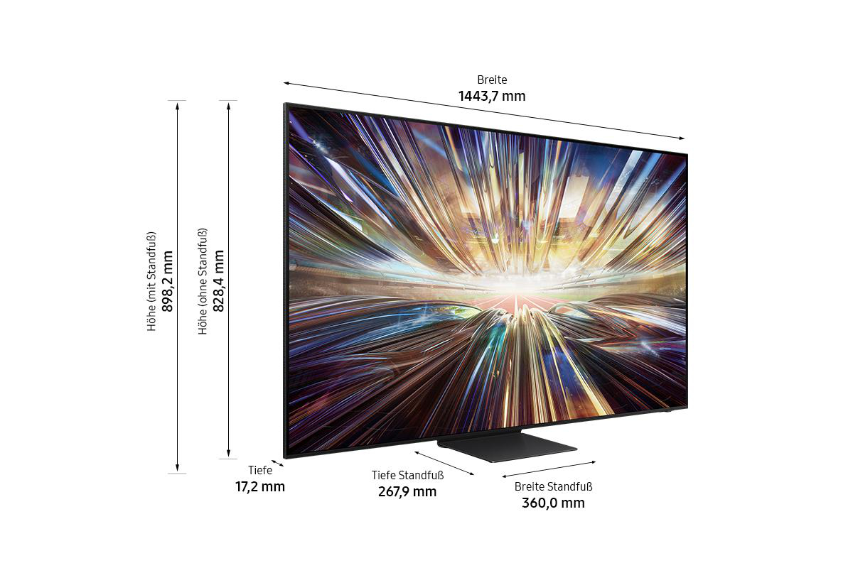 Ein großer Fernseher mit beschrifteten Abmessungen in einem Raum. Er hat einen schwarzen Rahmen und Standfuß.
