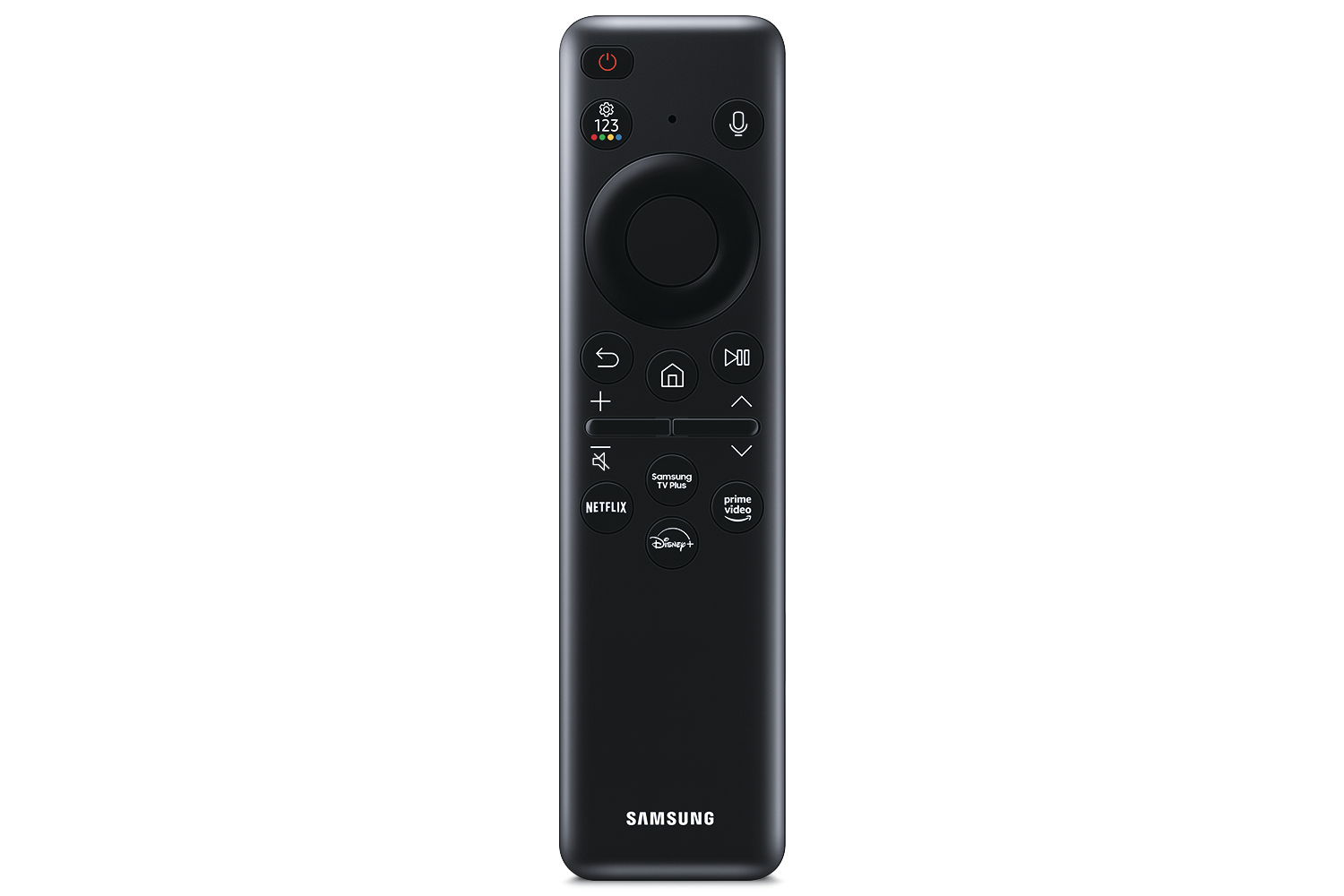 Eine schwarze Fernbedienung mit mehreren Tasten. Text: Samsung.