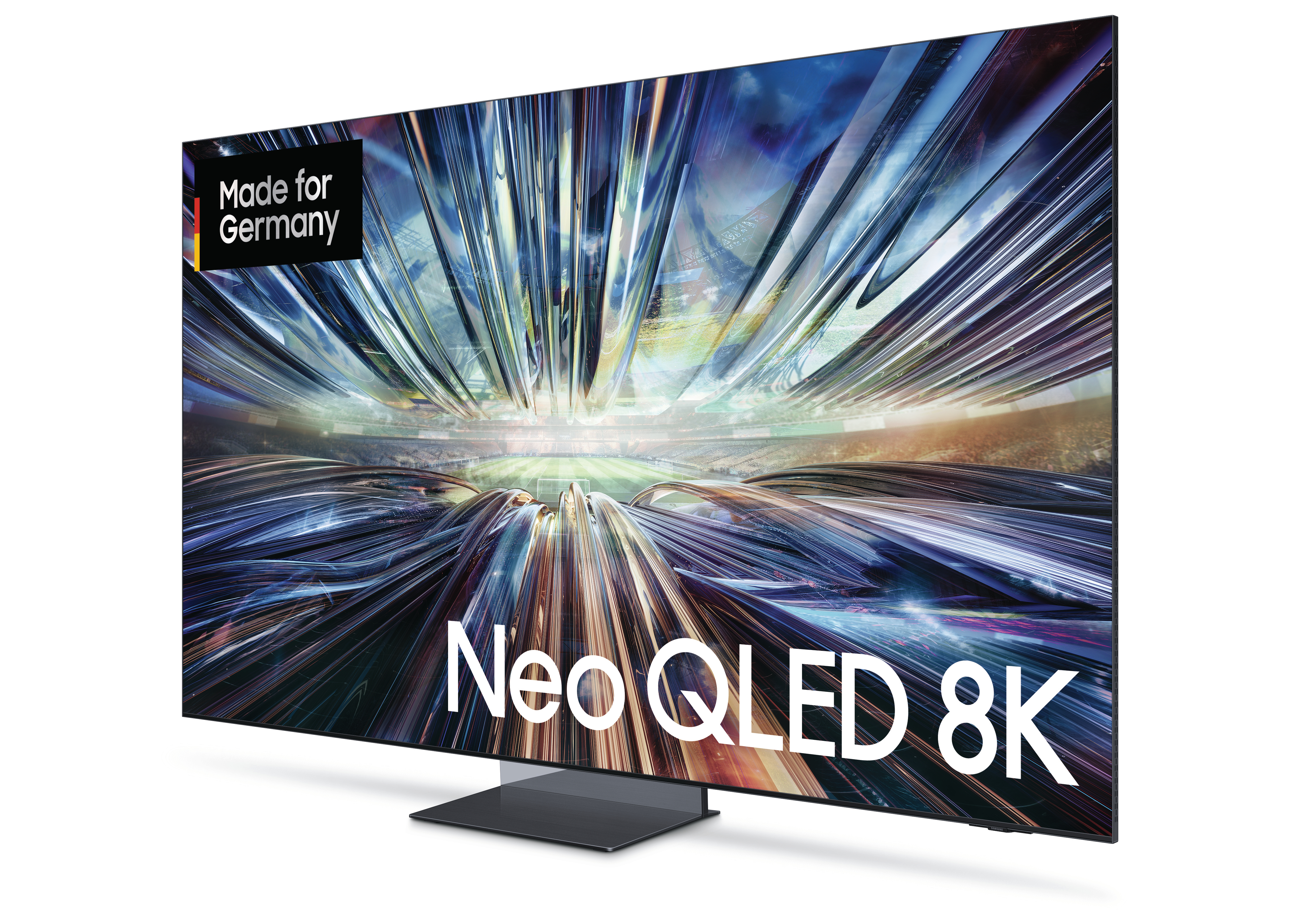 Ein großer, moderner Fernseher, der ein farbenfrohes, abstraktes Bild zeigt. Text sagt 'Neo QLED 8K' und 'Made for Germany'.
