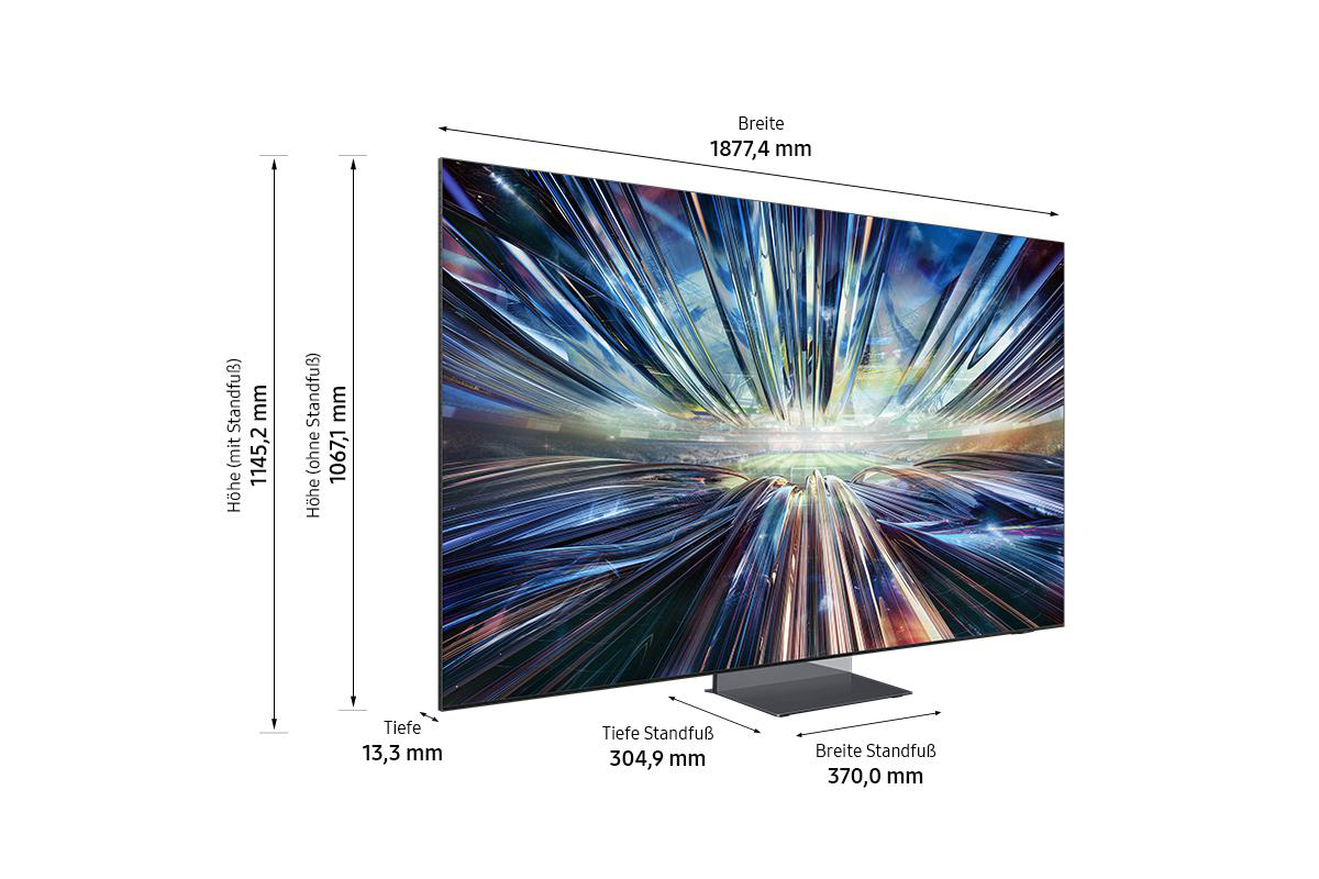 Fernseher mit Maßen, zeigt Abmessungen und Standfußdetails.