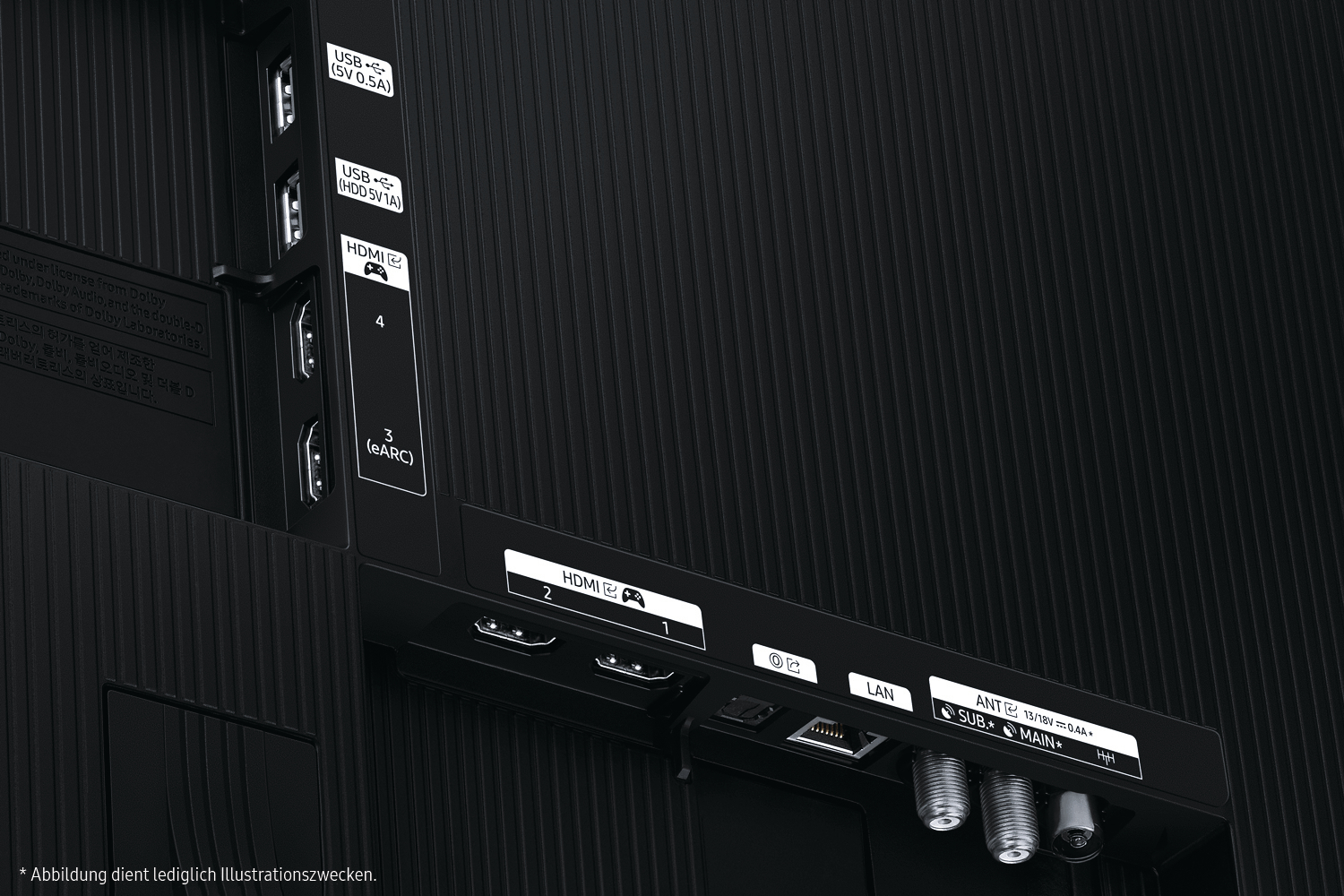 Ein schwarzer Computermonitor mit HDMI, VGA und anderen Anschlüssen auf der Rückseite.