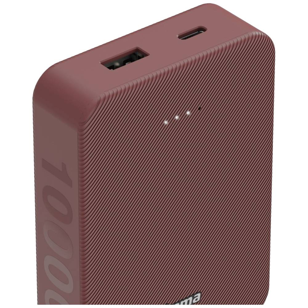 Bordowy power bank z rowkowaną fakturą, pokazujący porty USB i USB-C oraz lampki kontrolne.