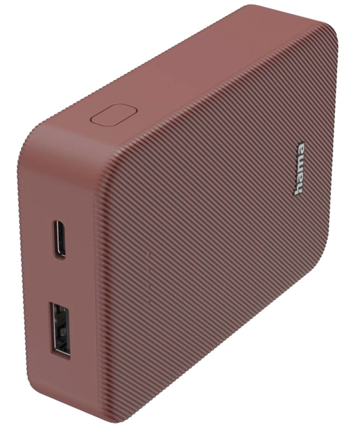 Brązowa przenośna ładowarka z żebrowaną fakturą. Posiada porty USB i USB-C oraz przycisk zasilania.