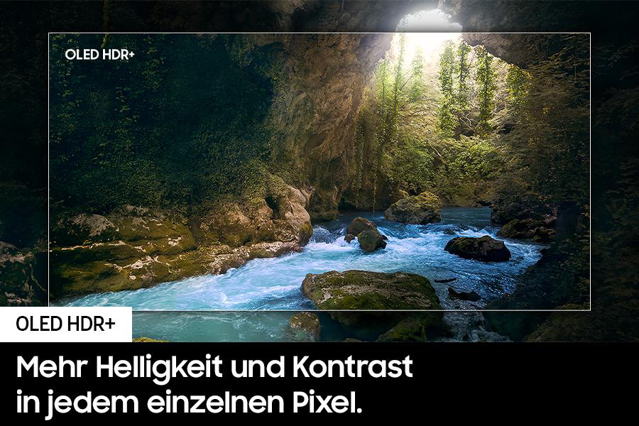 Eine malerische Landschaft eines Flusses, helle Farben. Text: OLED HDR+ für mehr Helligkeit und Kontrast.