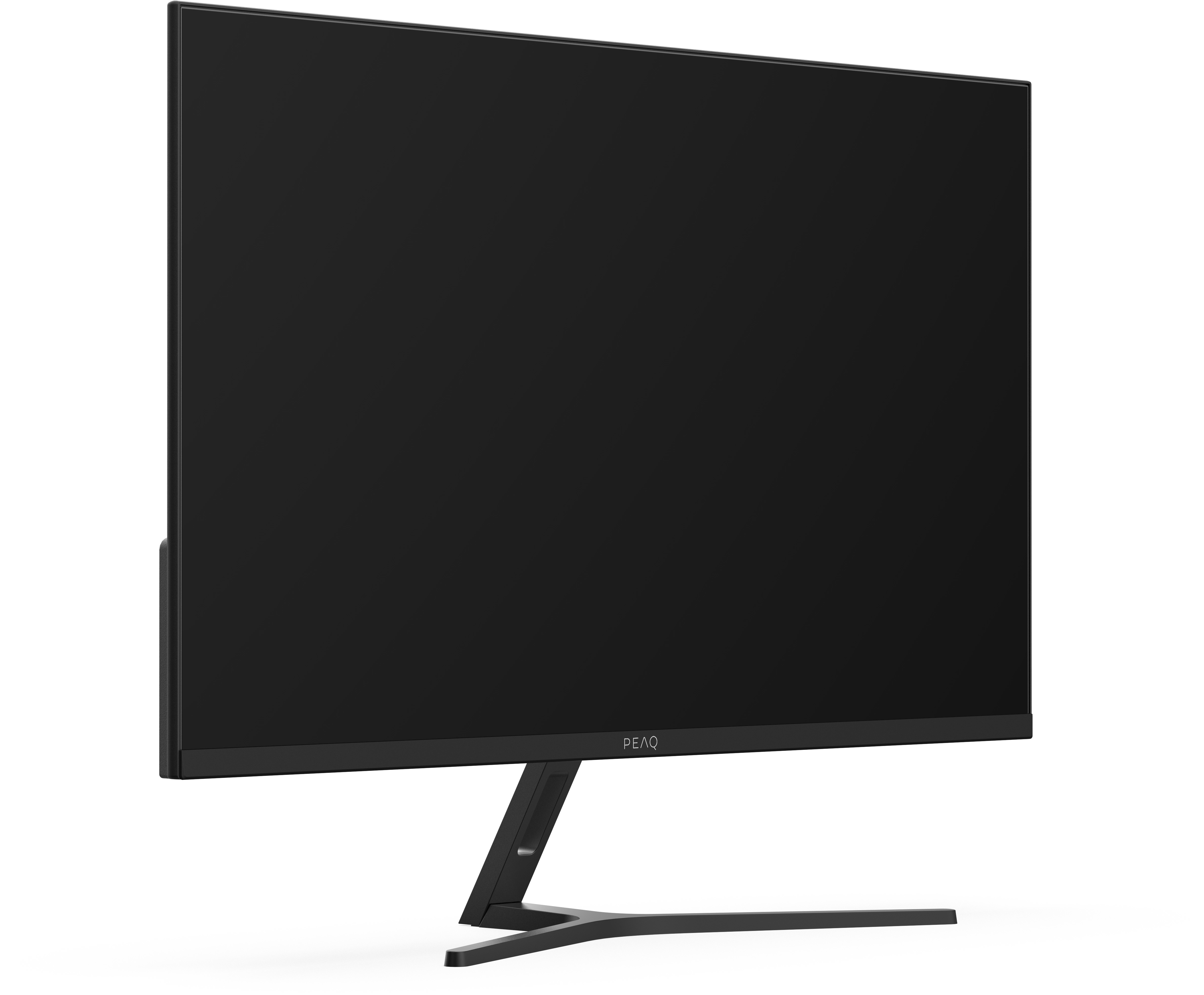 Ein Computermonitor, schwarzer Bildschirm, schwarzer Ständer, auf weißem Hintergrund.