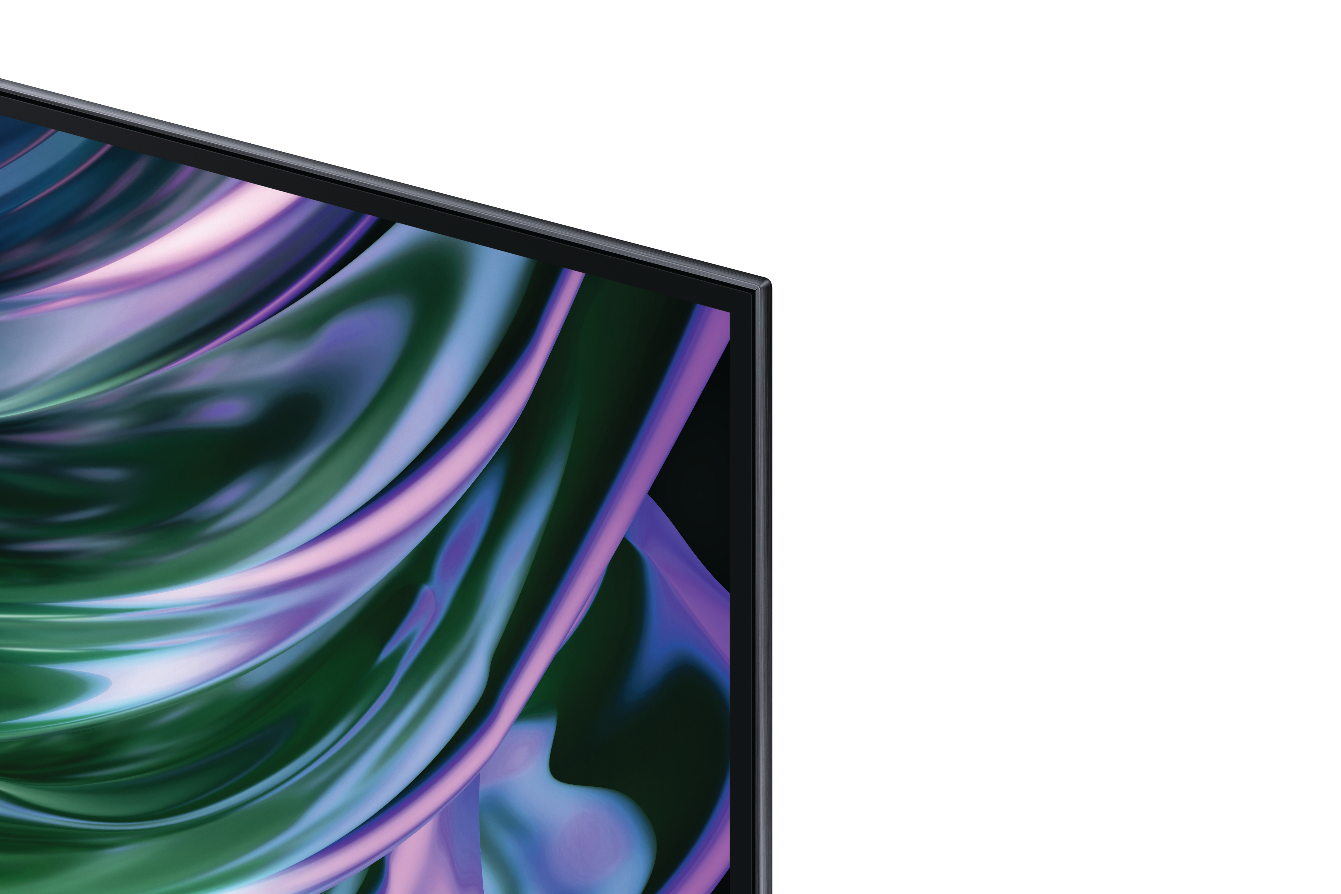 Nahaufnahme einer TV-Bildschirmecke mit abstrakten lila und grünen Designs, vor weißem Hintergrund.