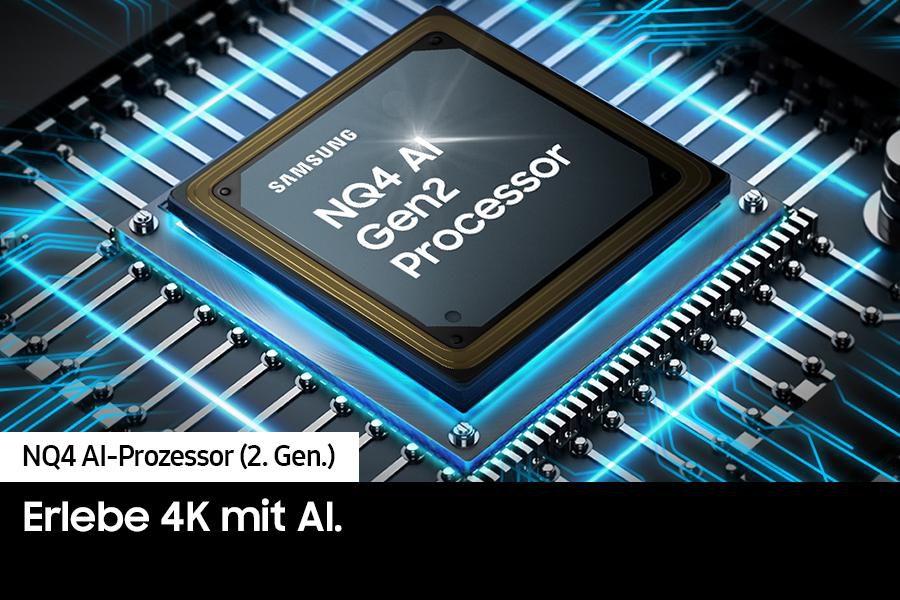Nahaufnahme eines Computerchips mit der Aufschrift Samsung NQ4 AI Gen2 Processor. Darunter steht: Erleben Sie 4K mit KI.