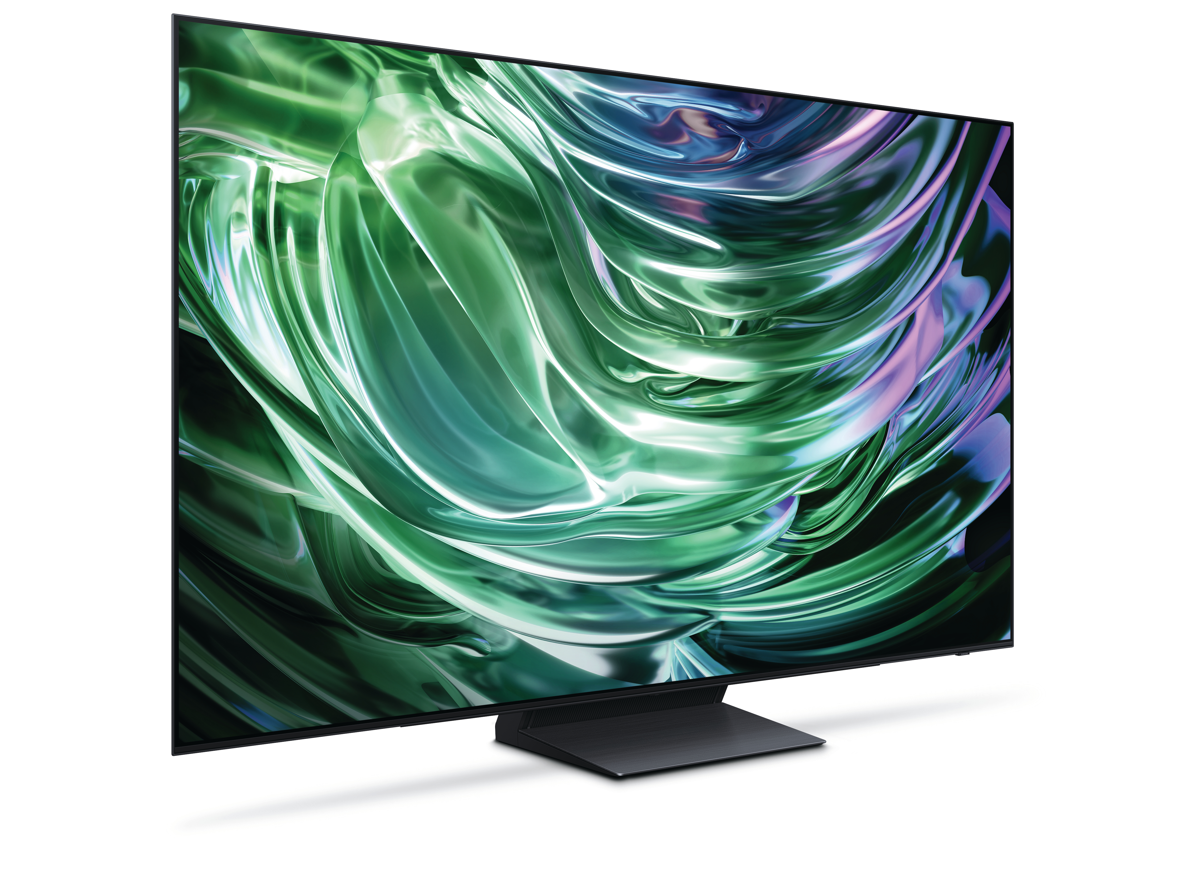 Moderner Fernseher vor weißem Hintergrund. Der Bildschirm zeigt abstrakte grüne und lila Formen.