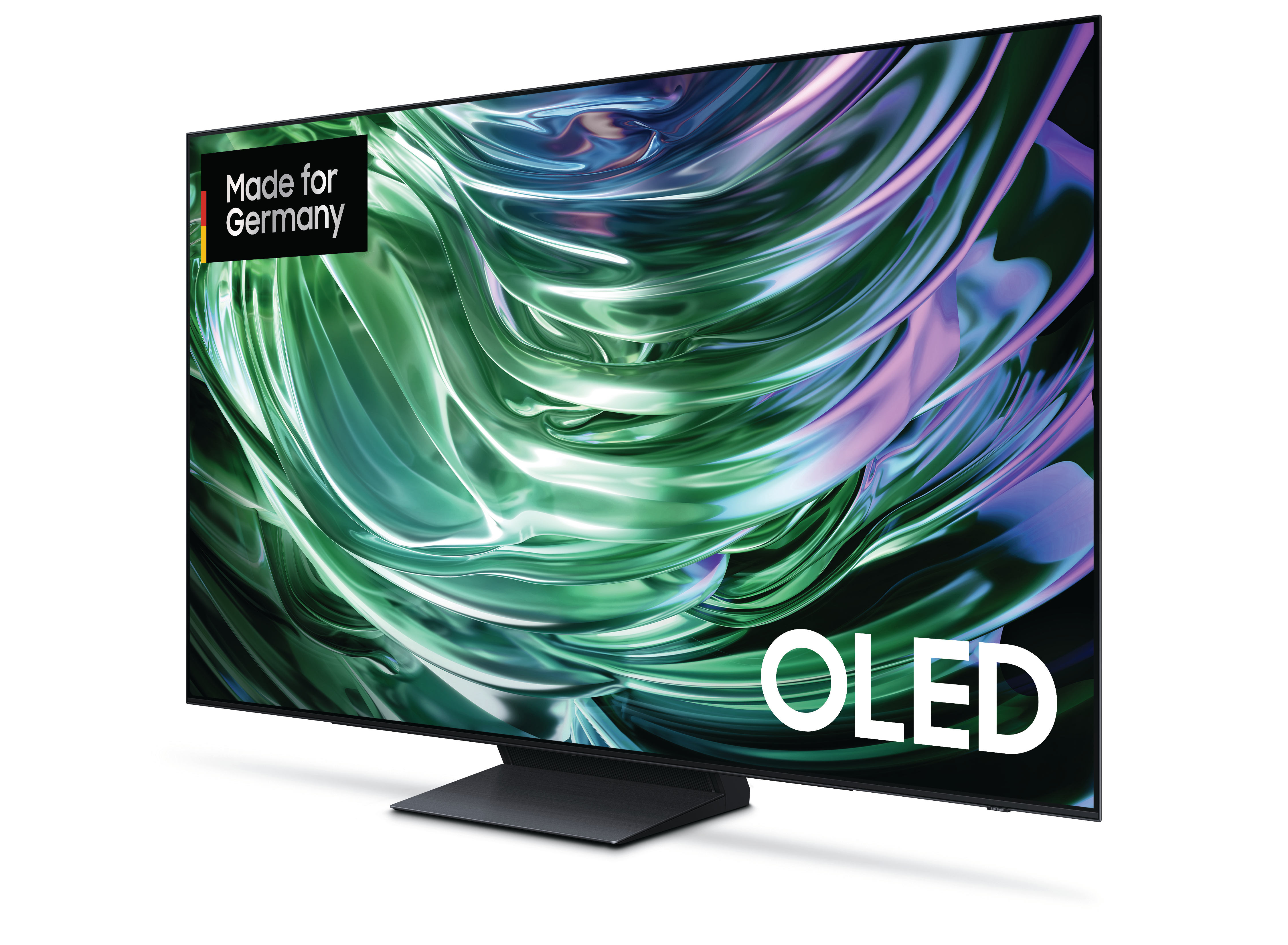 Moderner OLED-Fernseher mit farbenfrohem, abstraktem Bild auf weißem Hintergrund.
