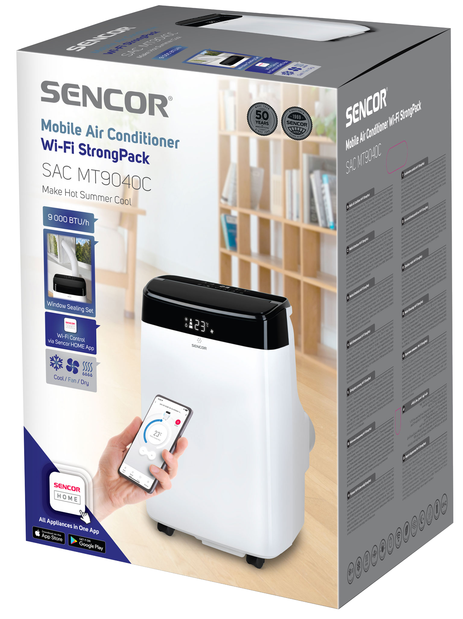 SENCOR mobil légkondicionáló Wi-Fi StrongPack doboz és egység, kézzel, ami telefont tart.