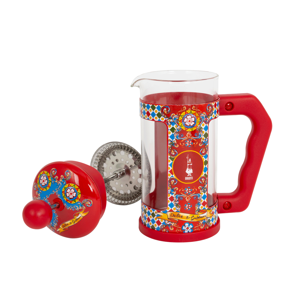 Rote, verzierte French Press mit Blumendesign, Deckel und Griff.
