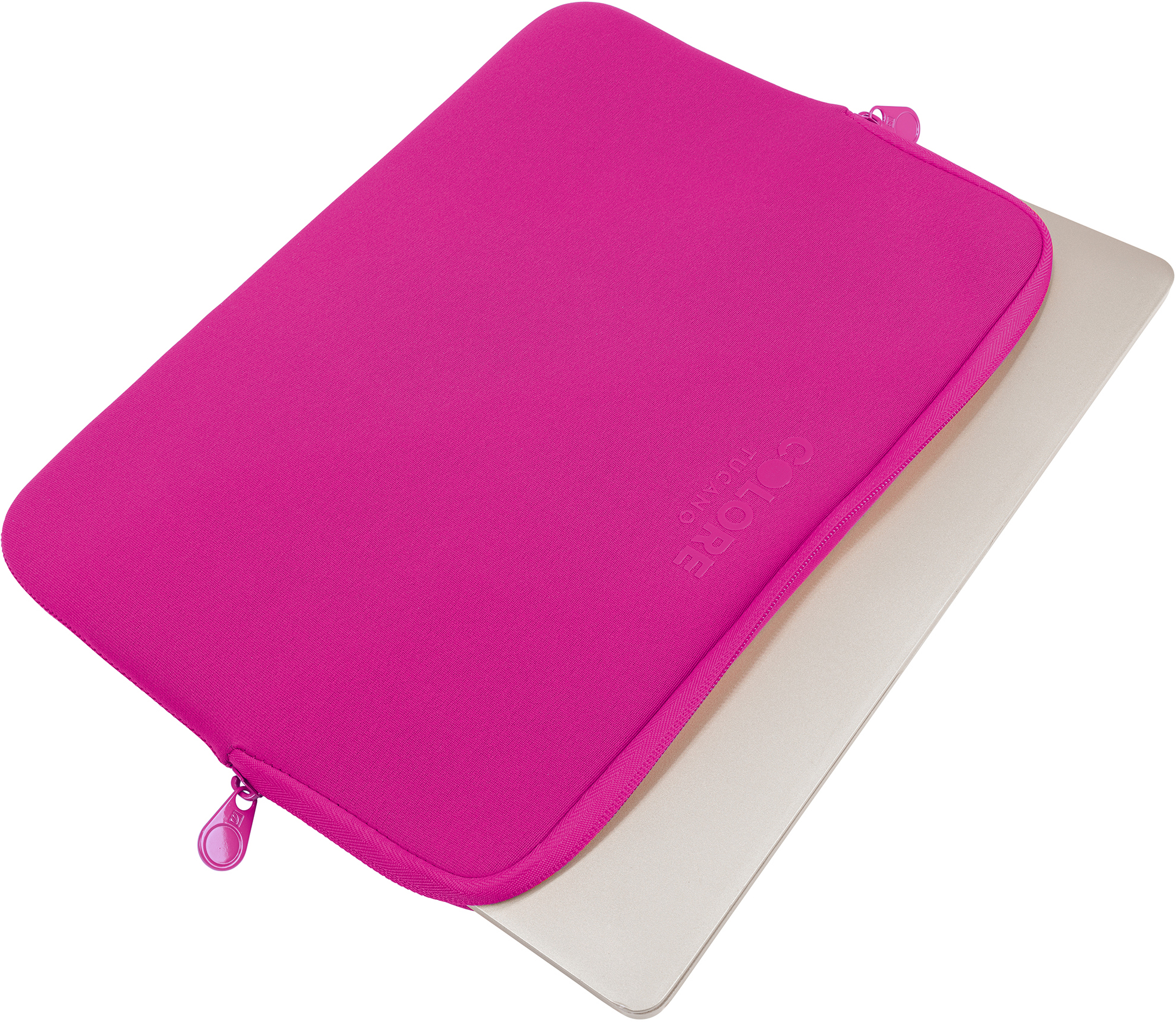 Housse d'ordinateur portable rose avec un ordinateur portable à l'intérieur. Fermeture zippée et la marque TUCANO visible.
