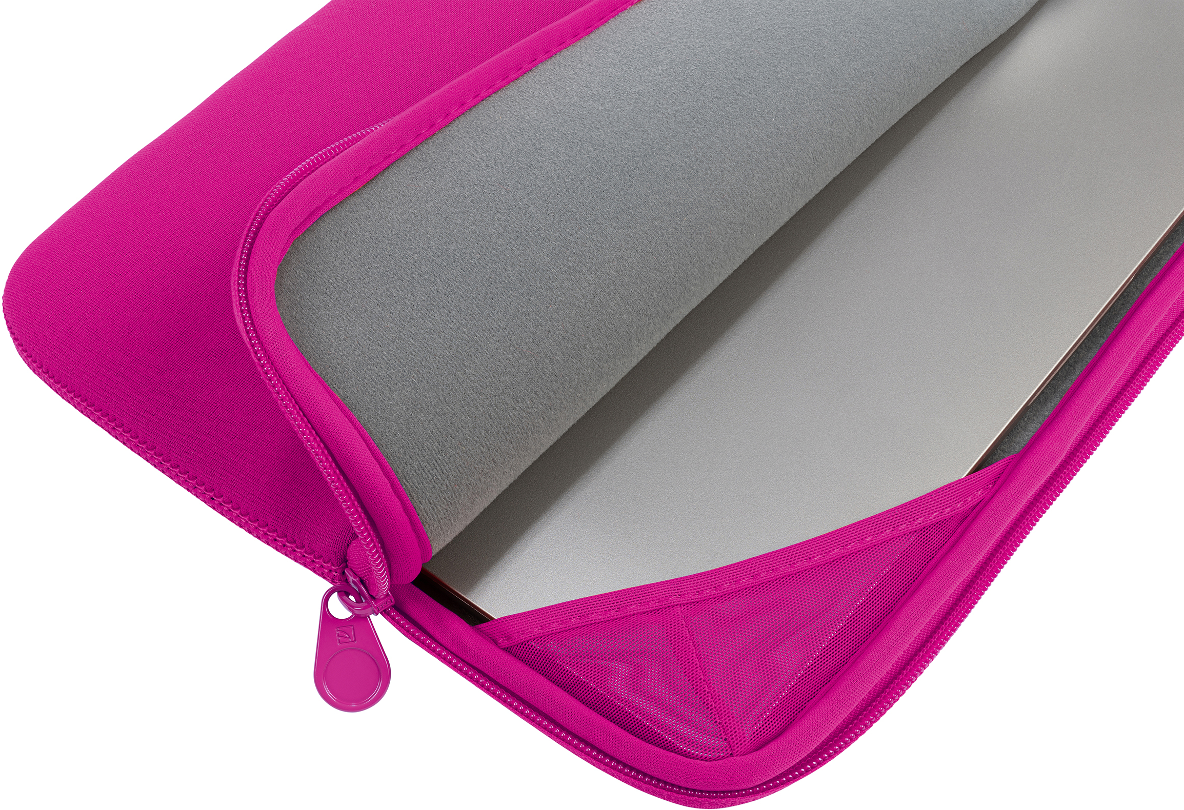 Custodia rosa per laptop. La cerniera è aperta, rivelando l'interno grigio e un laptop.