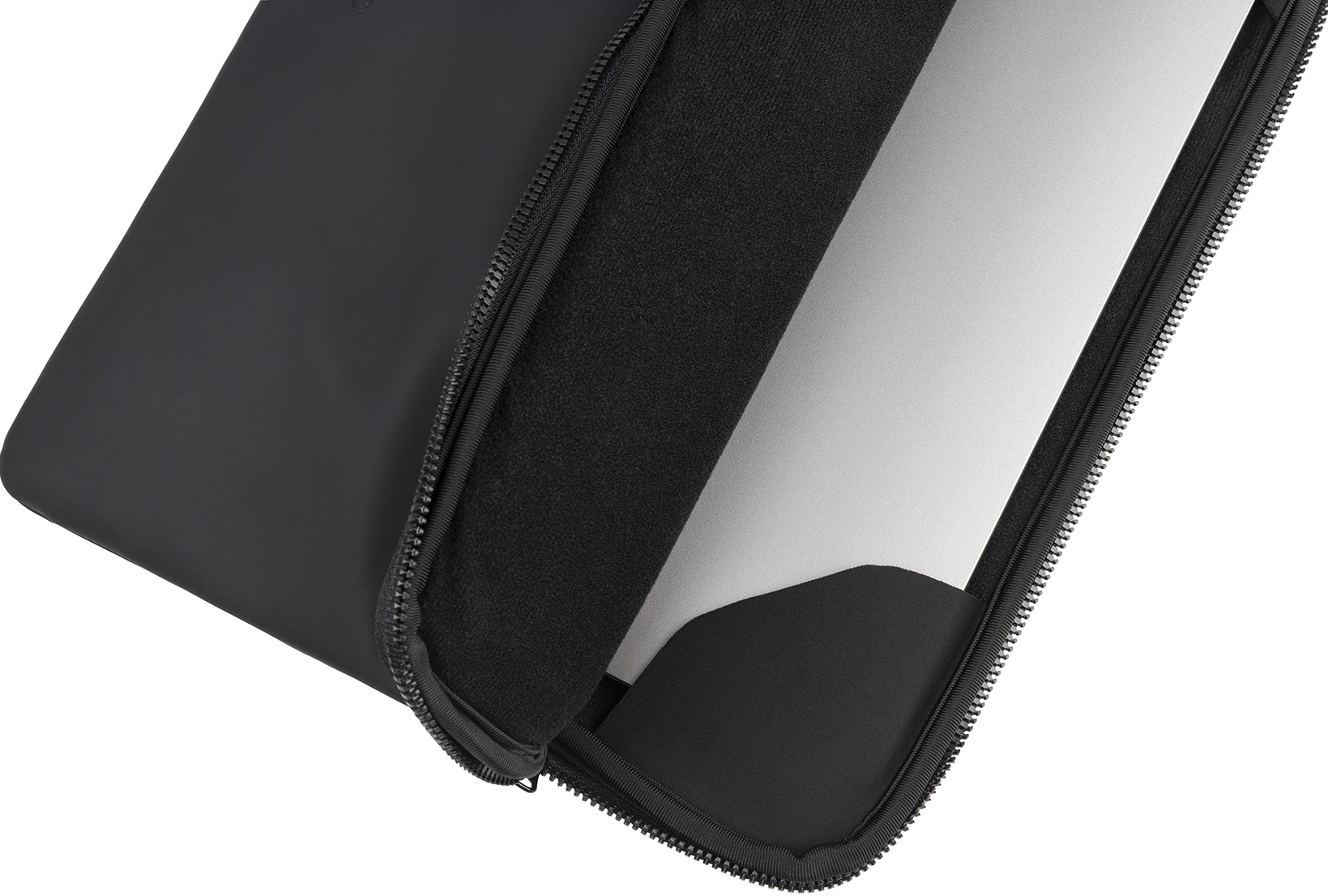Custodia nera per laptop. La cerniera è aperta, rivelando l'interno nero e un laptop.