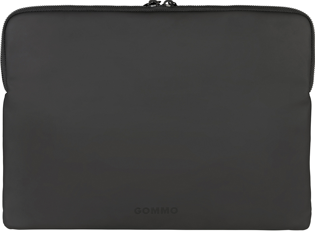Custodia nera per laptop con chiusura a zip e marchio Gommo in basso.