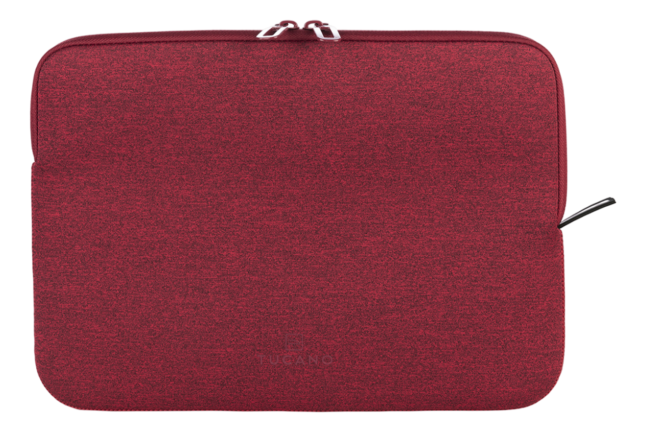 Weinrote Laptoptasche mit Reißverschluss und dem Tucano-Logo.