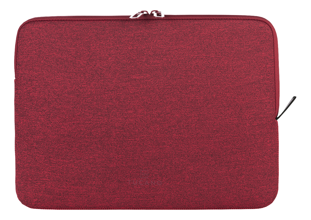 Eine rote Tucano Laptop-Hülle. Sie hat einen Reißverschluss und das Tucano-Logo.