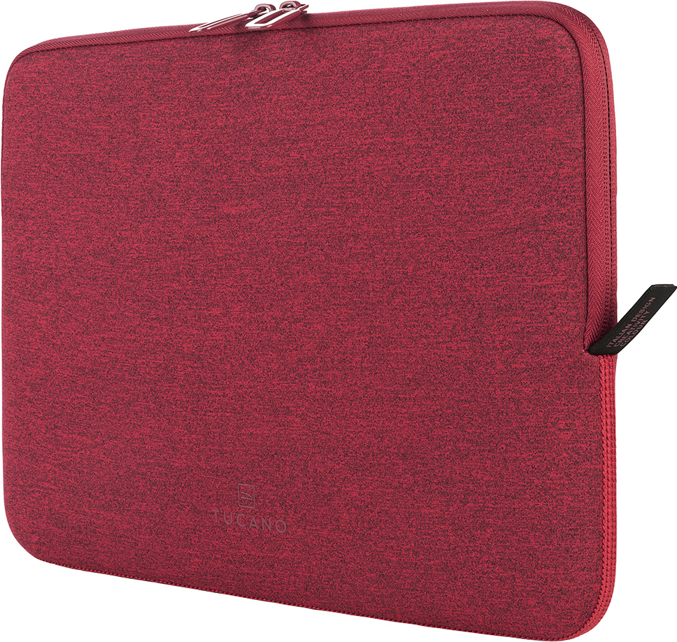 Rote Laptoptasche mit Reißverschluss. Der Stoff hat ein subtiles, strukturiertes Muster.