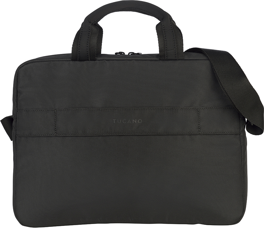 Sacoche pour ordinateur portable Tucano noire avec poignée et bandoulière.