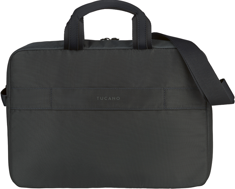 Dunkelgraue Tucano Laptoptasche mit Griff und Schulterriemen.