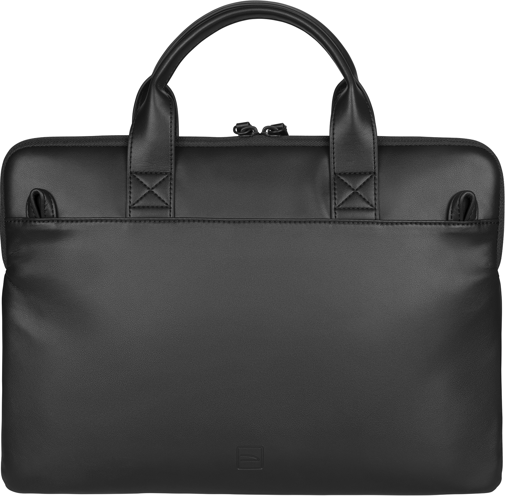 Une serviette noire. Elle comporte deux poignées, une attache pour bandoulière et une poche avant.