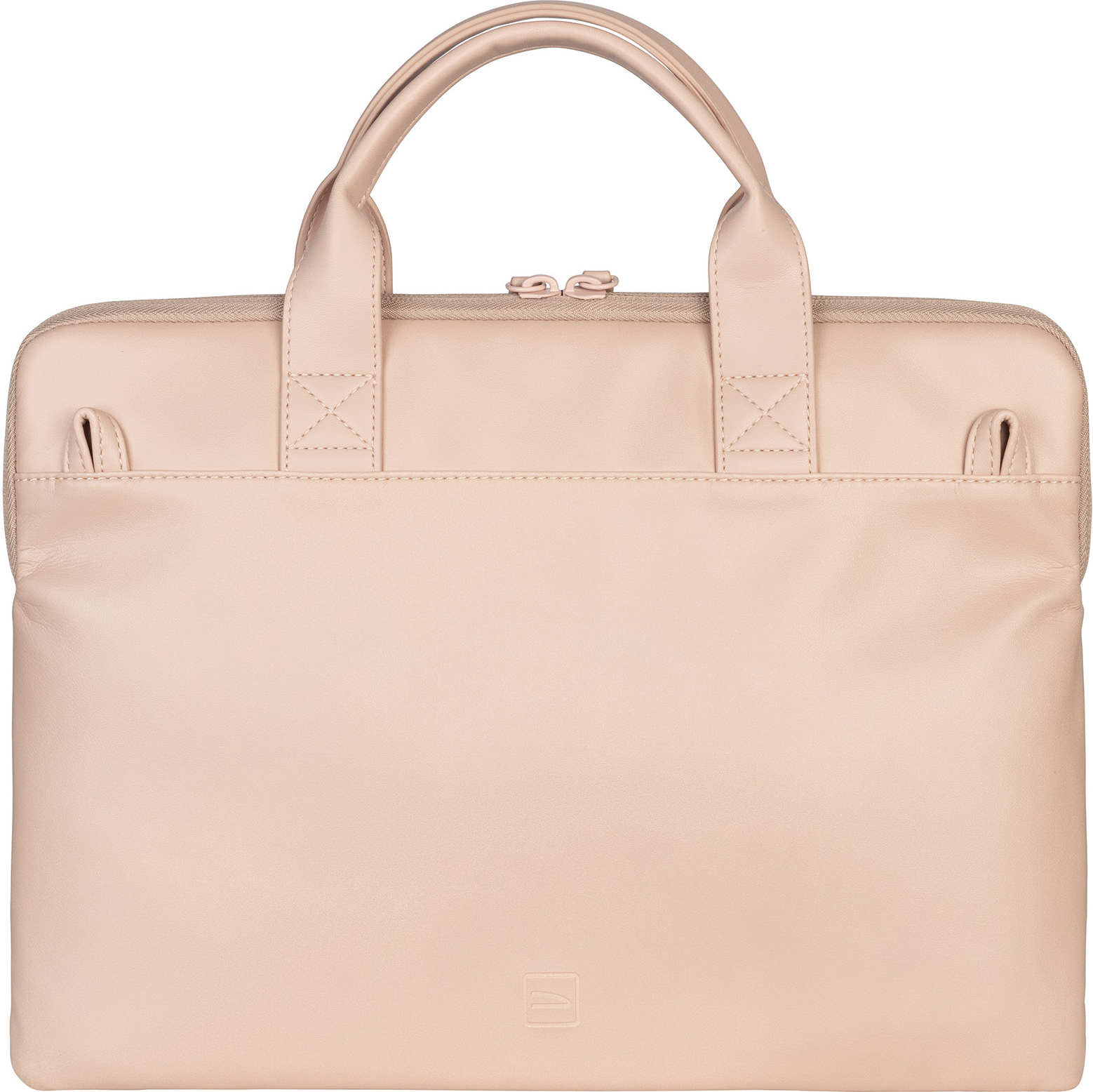 Sacoche pour ordinateur portable en cuir rose clair avec poignées. Le sac est rectangulaire.