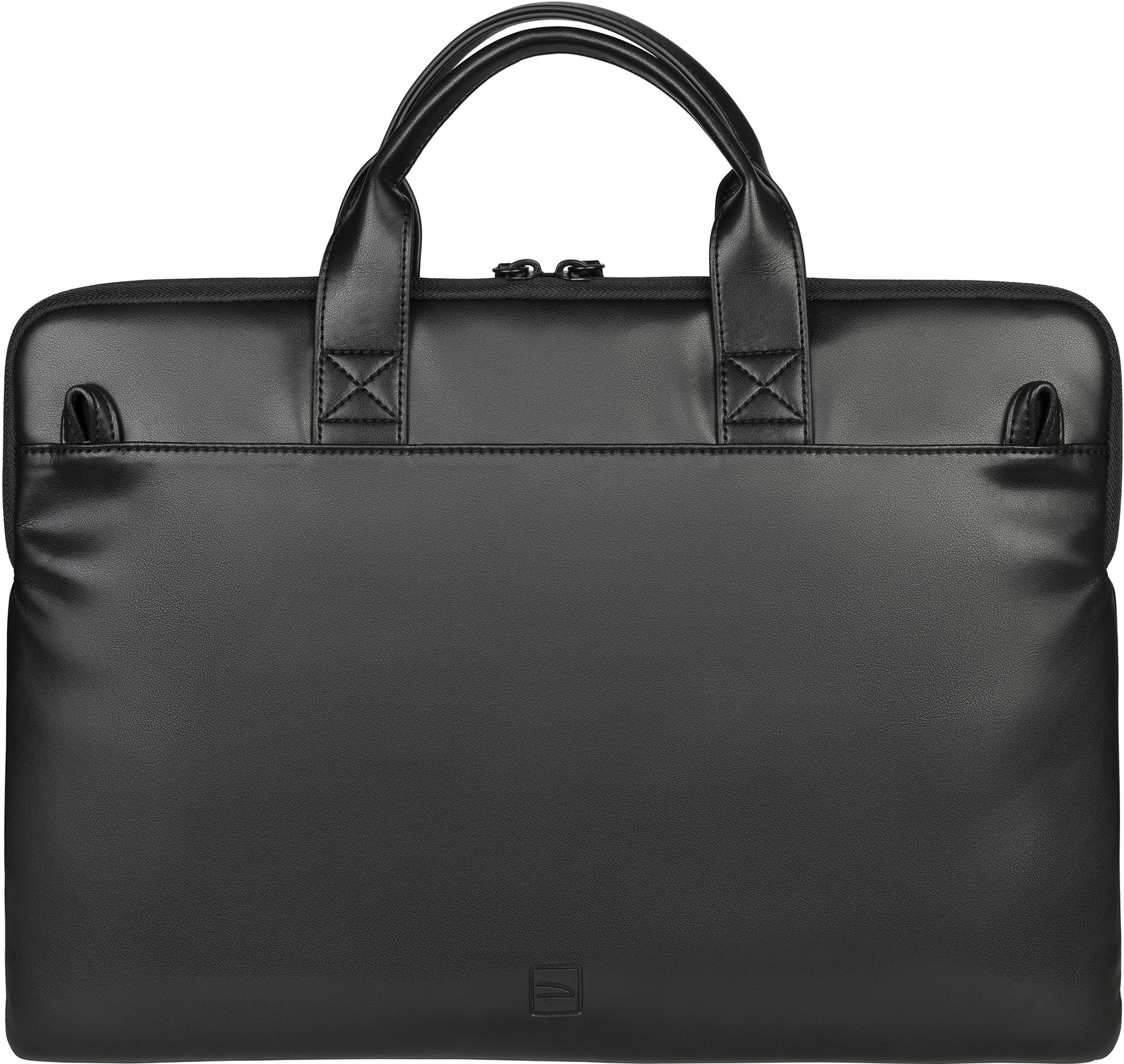 Serviette en cuir noir avec poignées et fermeture éclair. La marque est en bas.