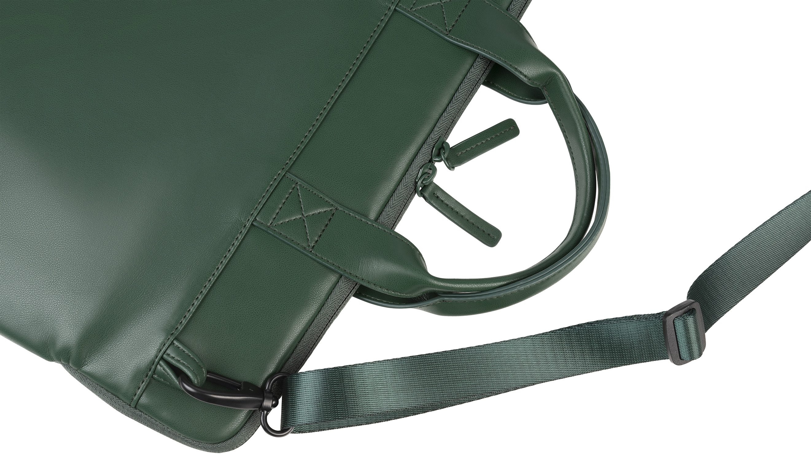 Un sac pour ordinateur portable vert avec une sangle et une fermeture éclair. Le sac est sur fond blanc.