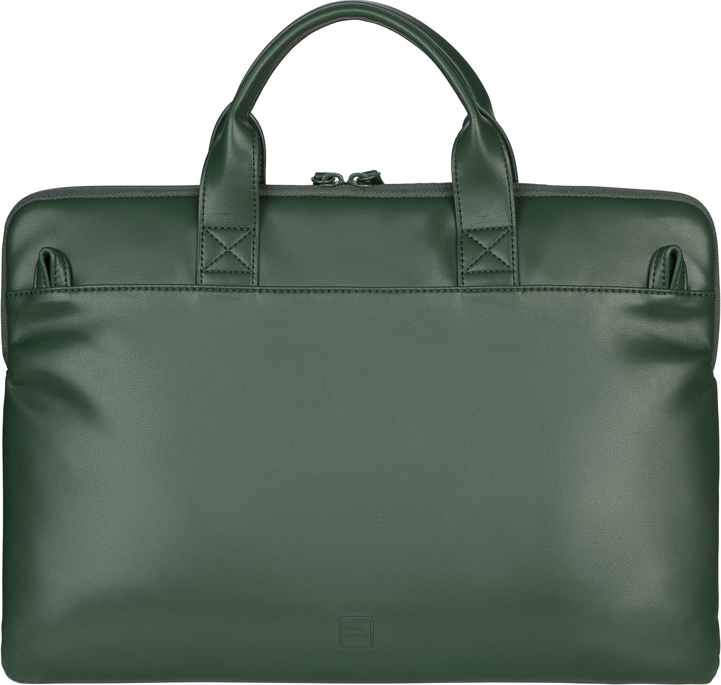 Une serviette en cuir vert avec poignée et fermeture éclair, isolée sur blanc.