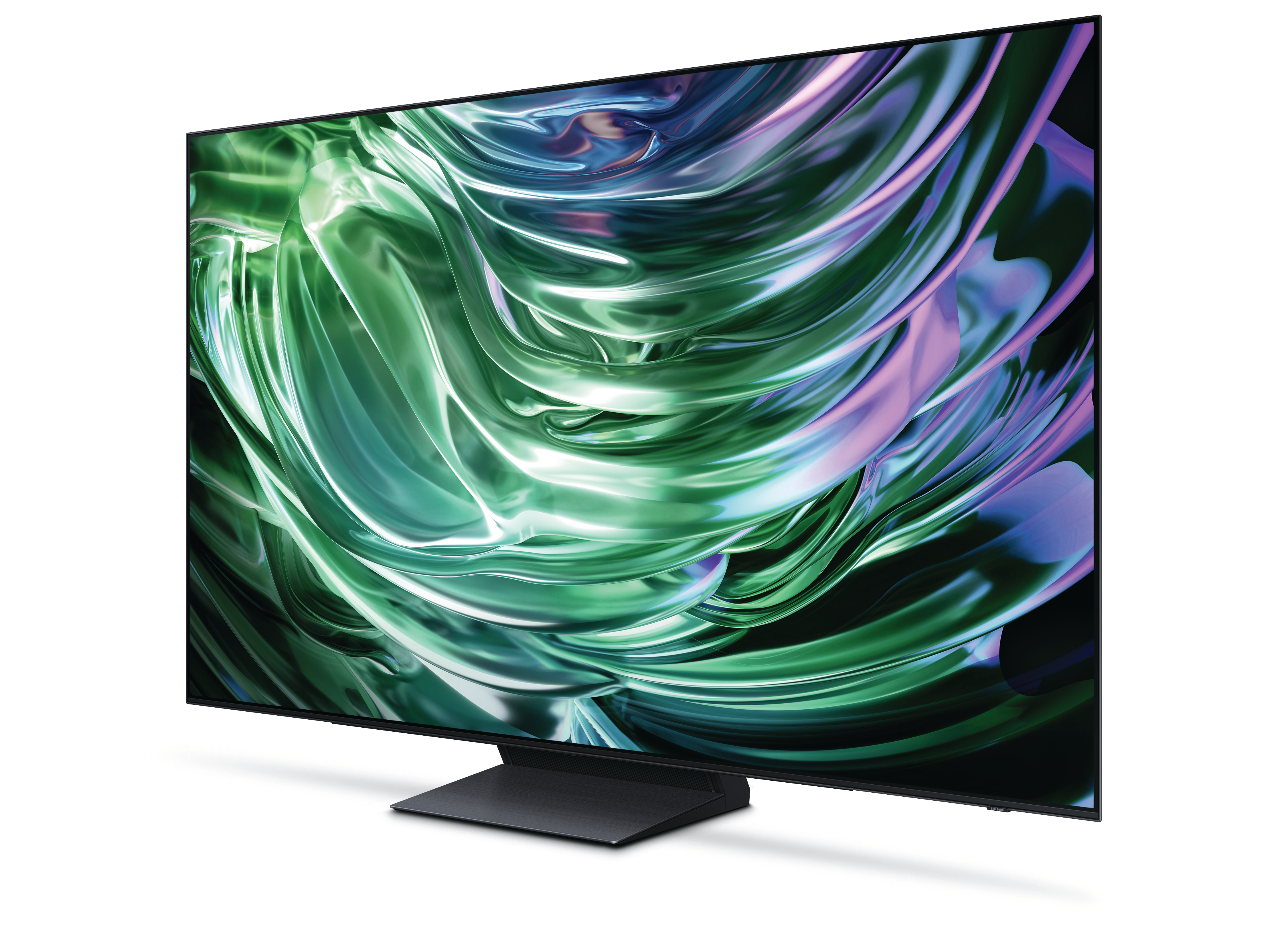 Großer, moderner Fernseher mit farbenfroher, abstrakter Anzeige, vor weißem Hintergrund.