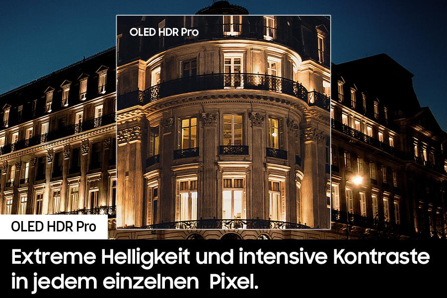 Nachtszene mit Gebäuden. Text sagt OLED HDR Pro. Extreme Helligkeit und intensiver Kontrast.