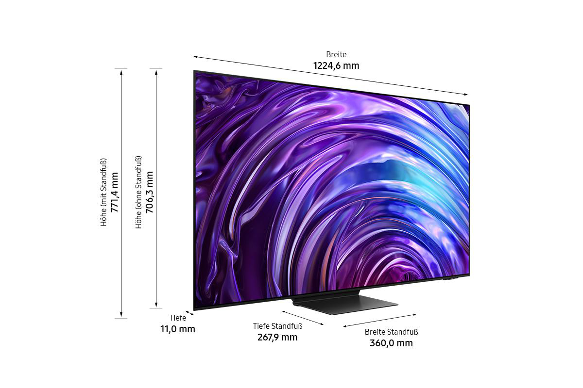 Gebogener Flachbildfernseher mit Maßangaben. Der Bildschirm zeigt ein lila-weißes abstraktes Design.