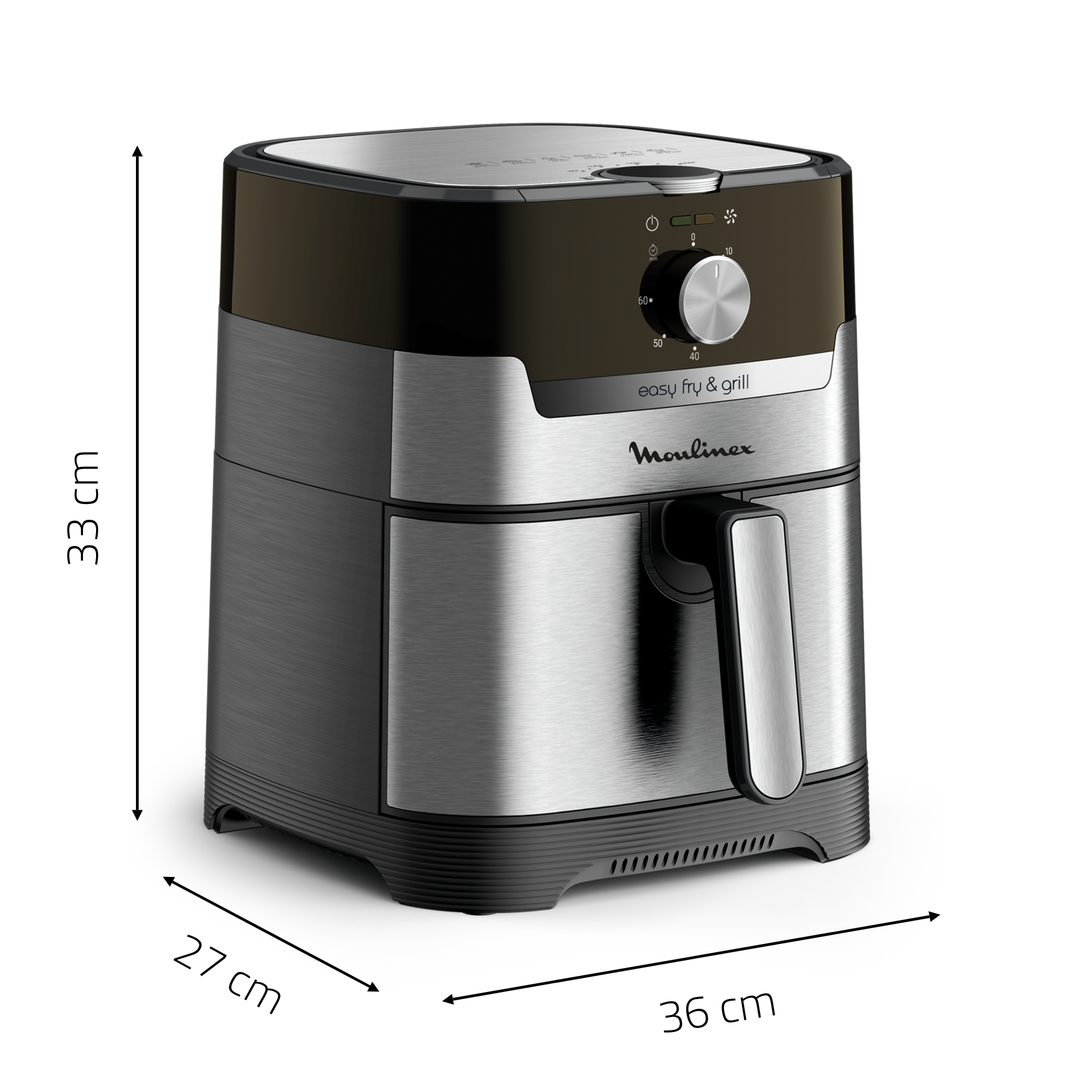 An air fryer in black and silver. It has a handle on the front and dimensions are shown on the sides.