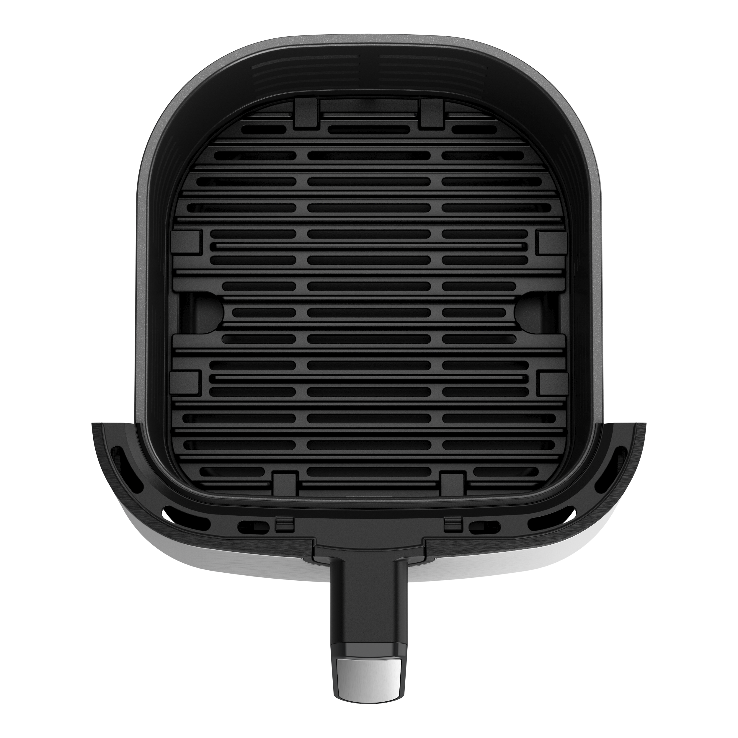 Air fryer basket interior. Black with horizontal grill lines. Handle at the bottom.
