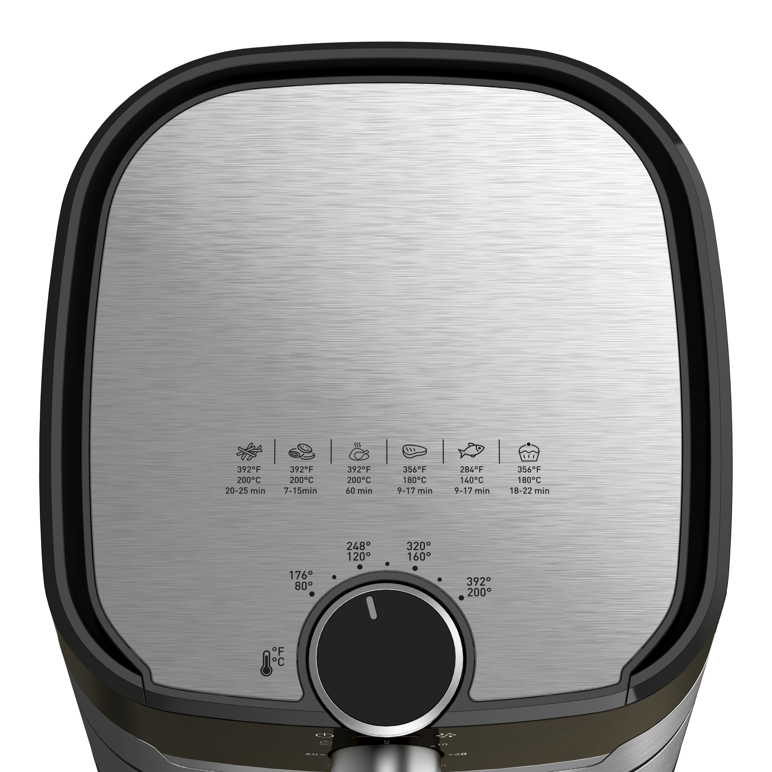 Top-down view of an air fryer with control panel, featuring temperature and time settings.