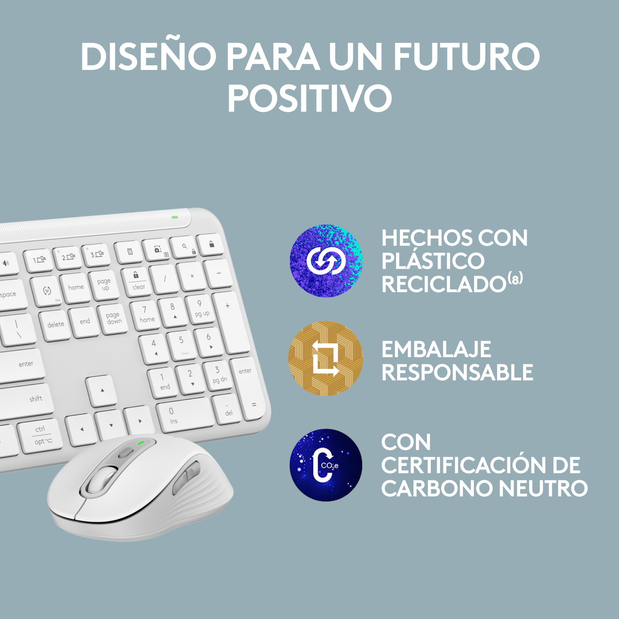 Teclado y ratón blancos con texto: 'DISEÑO PARA UN FUTURO POSITIVO'. Iconos con texto.