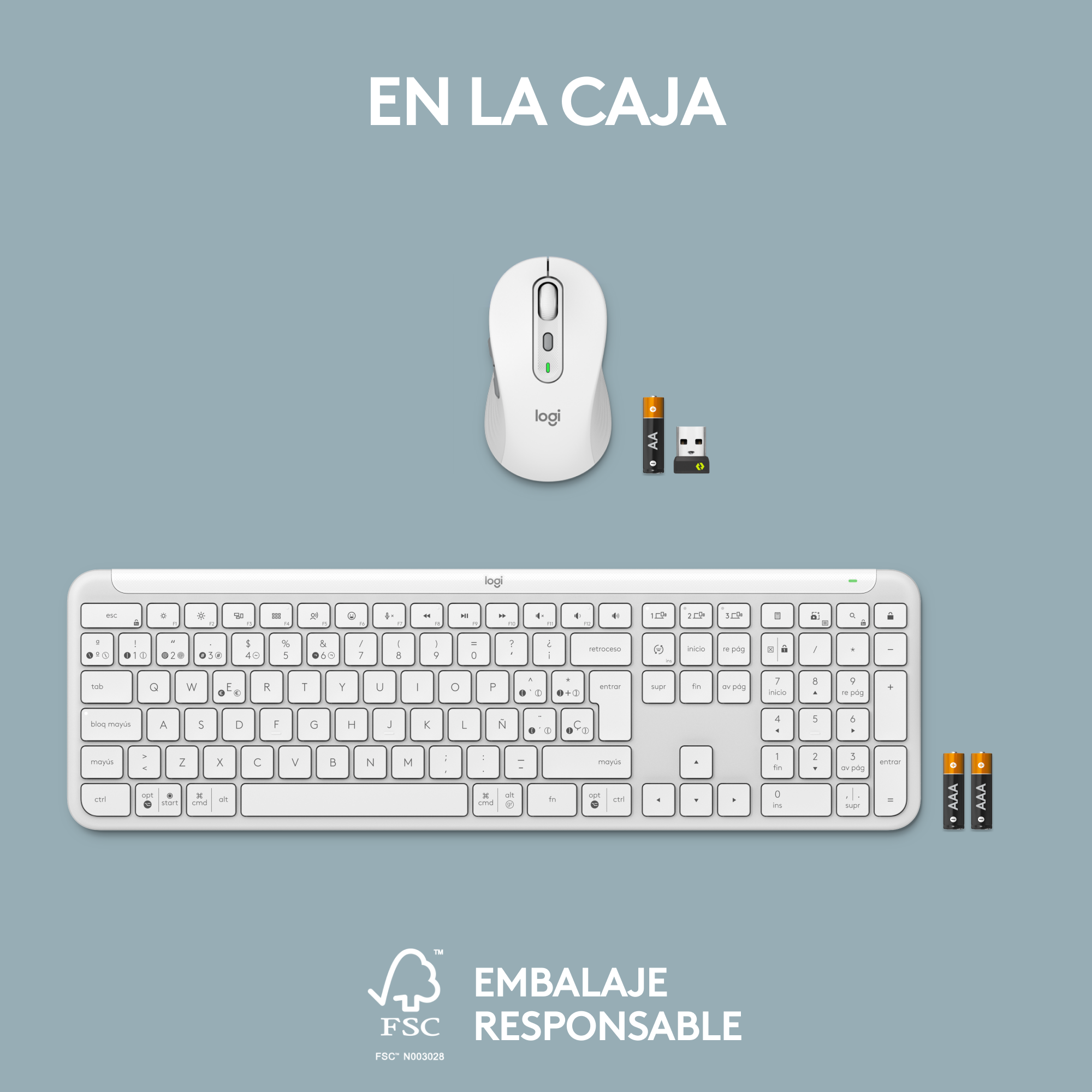 Teclado, ratón, pilas y receptor USB Logitech blancos, presentados sobre fondo gris, en una caja.