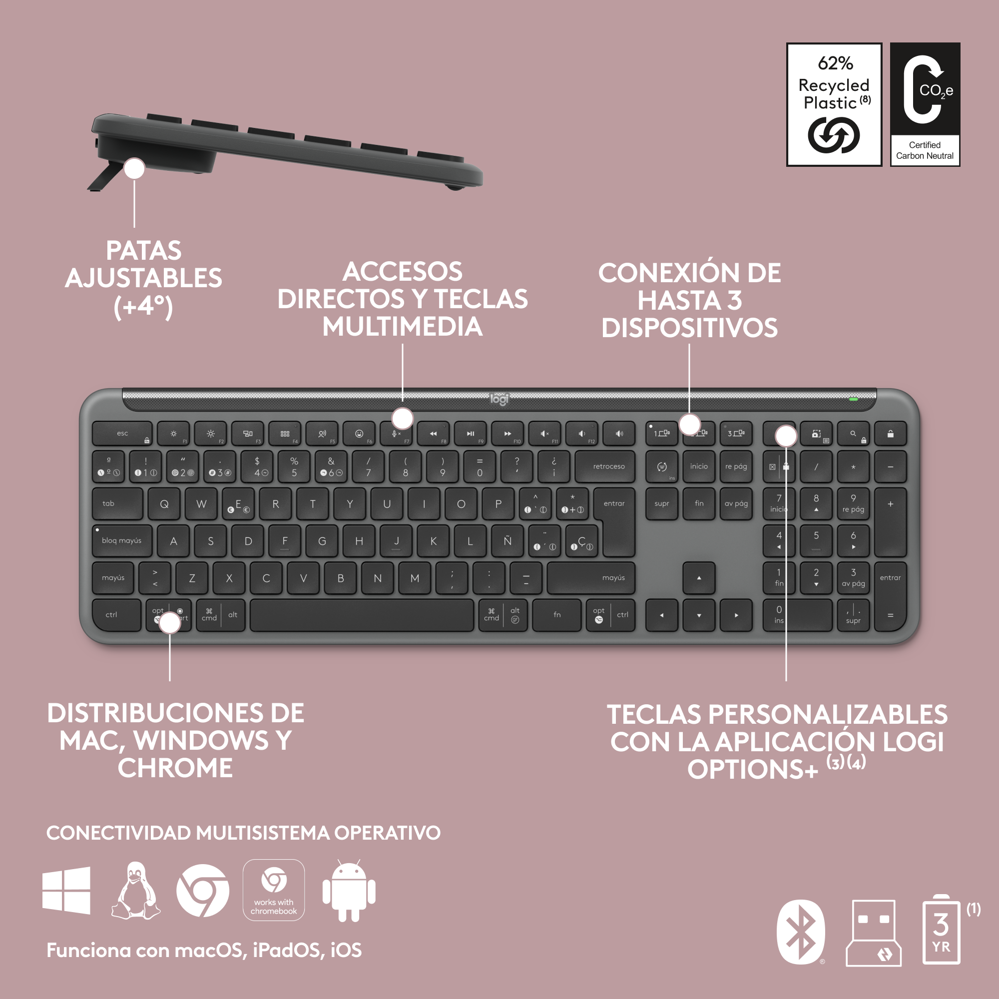 Un teclado Logitech gris con teclas blancas y letras negras. Tiene teclas multimedia y puede conectarse a 3 dispositivos.