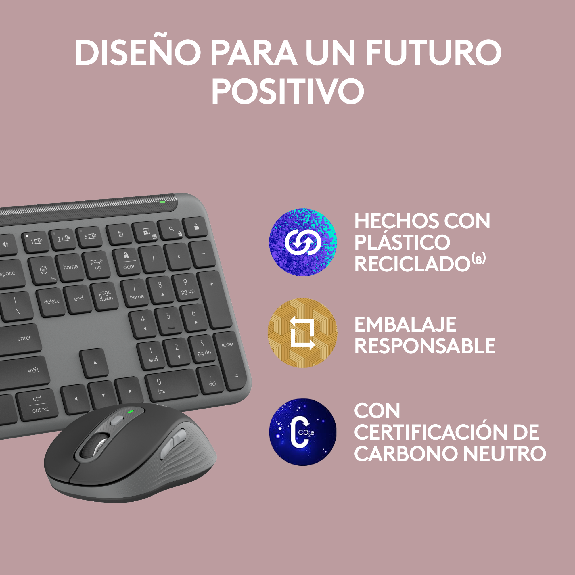 Teclado y ratón de ordenador, con texto sobre plástico reciclado, embalaje responsable.