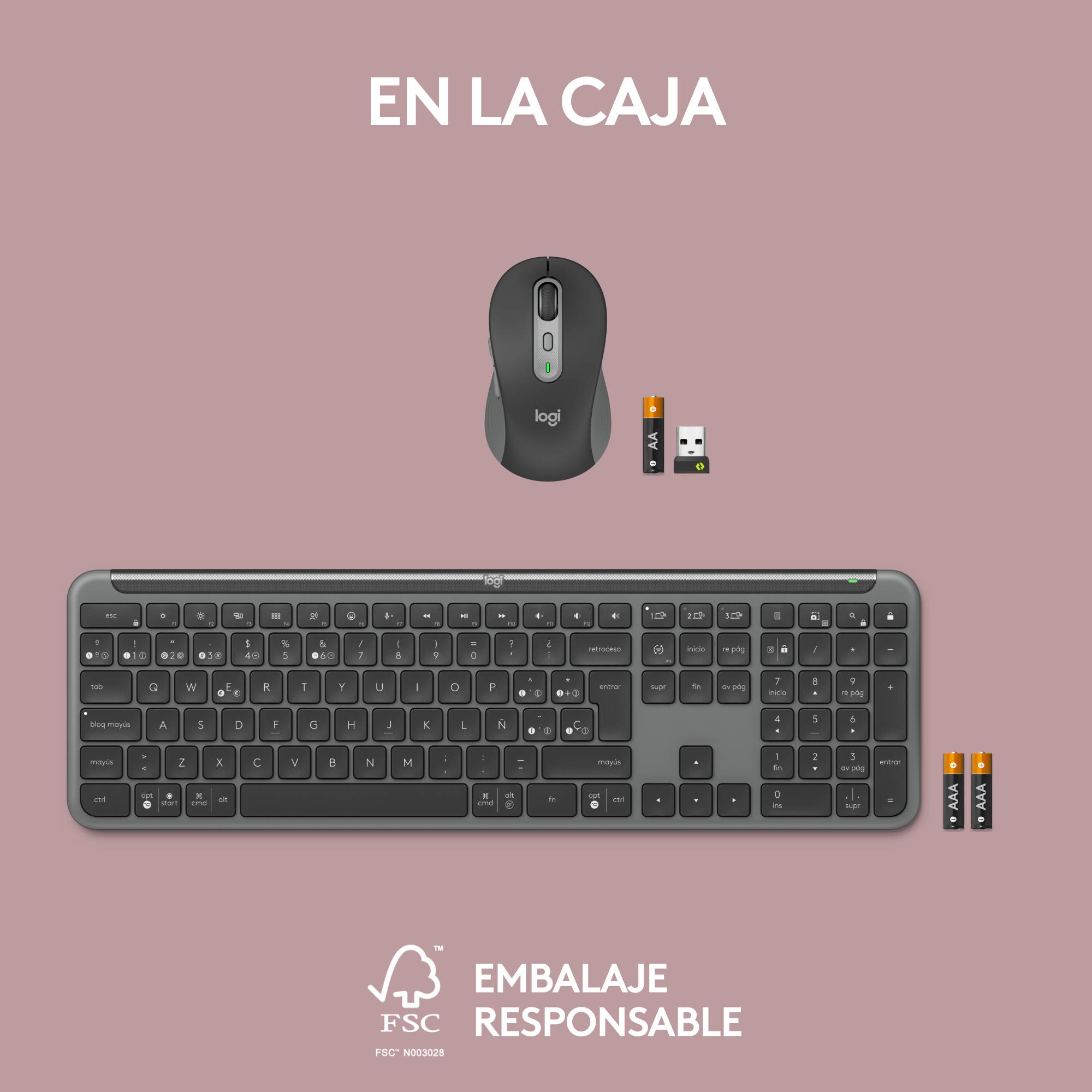 Teclado, ratón, pilas y un receptor USB están sobre una superficie.