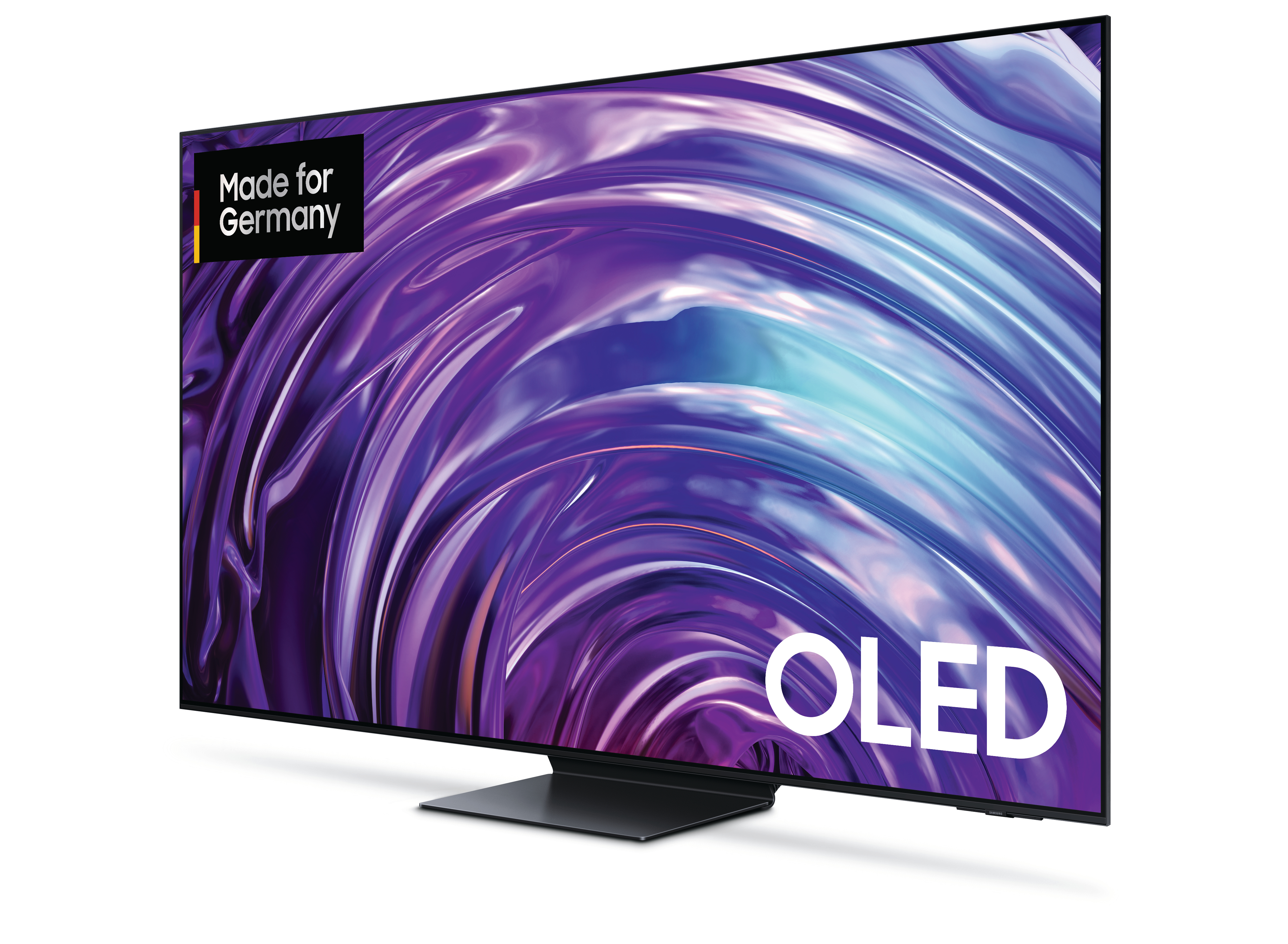 Ein großer OLED-Fernseher zeigt ein farbenfrohes Bild mit dem Text "OLED" und "Made for Germany".