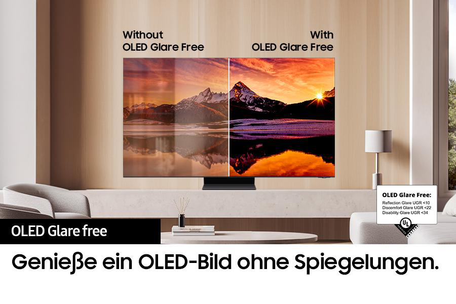 TV-Bildschirm zeigt einen Vergleich mit und ohne OLED Glare Free Technologie.